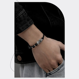 Buddha Gift 999 Sterling Silver FengShui PiXiu Natural Black Obsidian 925 Sterling Silver Bead Strength Bracelet