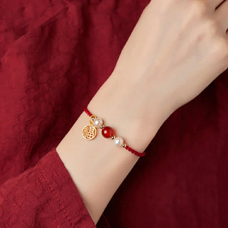 Buddha Gift 925 Sterling Silver Good Fortune Fu Character Agate Pearl Red String Braid Bracelet