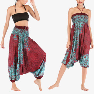 Buddha Gift Two Style Wear Round Geometric Pattern Loose Smocked Harem Trousers Jumpsuit High Waist Women's Yoga Pants