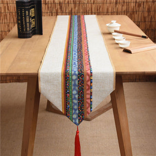 Buddha Gift Classic Chinese Style Lotus Koi Fish Flower Crane Calligraphy Enlightenment Cotton Linen Tassels Table Runner