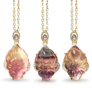 Buddha Gift Natural Colorful Fluorite Nine Tailed Fox Protection Necklace Pendant