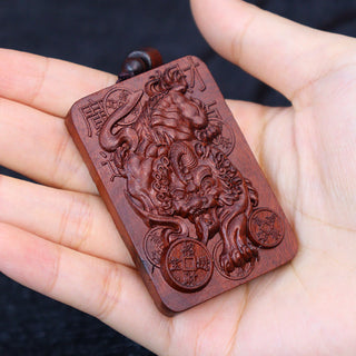 Buddha Gift Natural Lightning Struck Jujube Wood PiXiu Copper Coin Good Fortune Necklace Pendant
