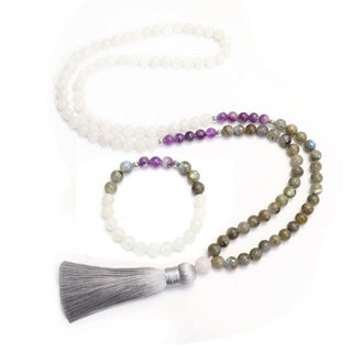 Buddha Gift 108 Mala Beads White Agate Amethyst Black Glitter Stone Protection Bracelet