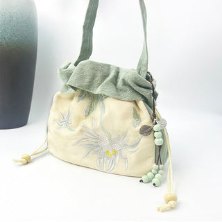 Buddha Gift Suzhou Embroidery Lotus Epiphyllum Magnolia Cotton Linen Tote Crossbody Bag Shoulder Bag Handbag