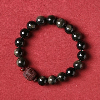 Buddha Gift Natural Gold Sheen Obsidian Rainbow Obsidian Om Mani Padme Hum Fu Character Healing Bracelet