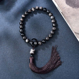 Buddha Gift Natural Silver Sheen Obsidian Lion Wrist Mala Protection Tassels Pocket Mala Car Decoration