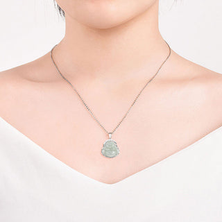 Buddha Gift 925 Sterling Silver Laughing Buddha Jade Luck Calm Necklace Chain Pendant