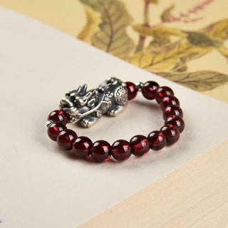 Buddha Gift 925 Sterling Silver Natural Garnet Moonstone Red Agate PiXiu Wealth Ring