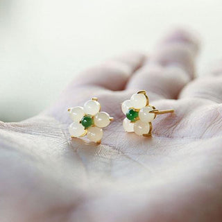 Buddha Gift White Jade Flower Luck Blessing Stud Earrings