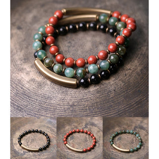 Buddha Gift Red Jasper Moss Agate Black Obsidian Crystal Copper Peace Couple Bracelet