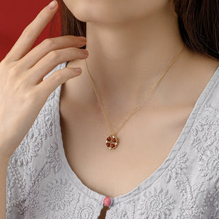 Buddha Gift 925 Sterling Silver Four Leaf Clover White Jade Red Agate Abundance Necklace Pendant