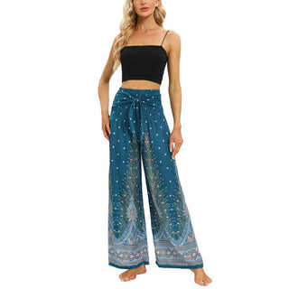 Buddha Gift Boho Peacock Feathers Lace-up Wide Leg Pants Women's Yoga Pants