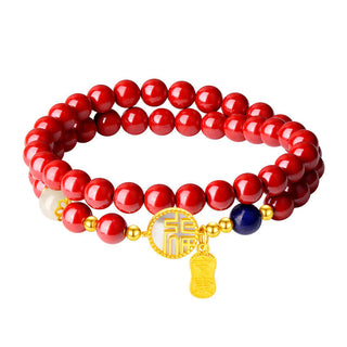 Buddha Gift 925 Sterling Silver Cinnabar Tridacna Stone Fu Character Double Wrap Blessing Bracelet