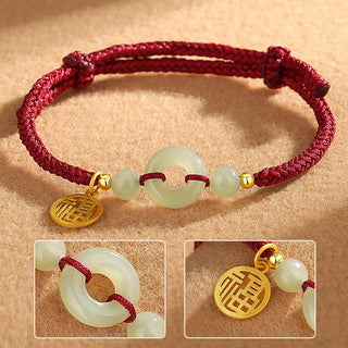 Buddha Gift 925 Sterling Silver Hetian Jade Peace Buckle Fu Character Charm Abundance Bracelet