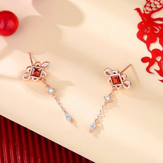 Buddha Gift 925 Sterling Silver Chinese Knotting Red Zircon Wealth Necklace Pendant Bracelet Earrings Set