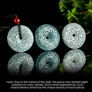 Buddha Gift Green Jade Flower Carved Peace Buckle Abundance Necklace Pendant