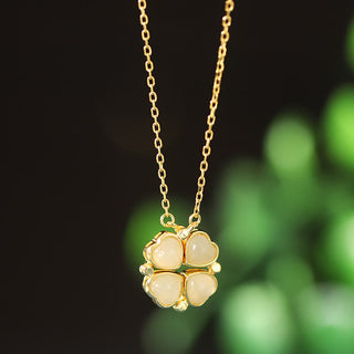 Buddha Gift 925 Sterling Silver Four Leaf Clover White Jade Red Agate Abundance Necklace Pendant