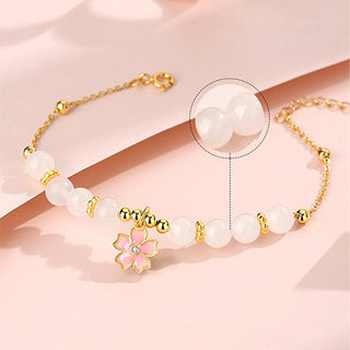 Buddha Gift 925 Sterling Silver Hetian White Jade Cherry Blossom Protection Bracelet