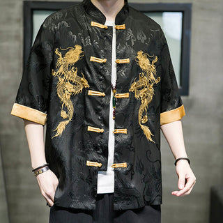 Buddha Gift Frog-Button Chinese Dragon Embroidery Half Sleeve Shirt Linen Men Clothing