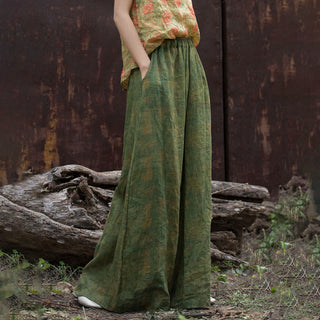 Buddha Gift Green Yellow Ramie Linen Flexible Waistband Wide Leg Pants With Pockets