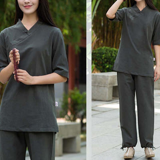 Buddha Gift 2Pcs Half Sleeve V-Neck Shirt Top Pants Meditation Zen Tai Chi Linen Clothing Women's Set