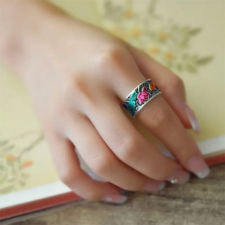 Buddha Gift Copper Blue Enamel Lotus Heart Sutra Koi Fish Luck Ring
