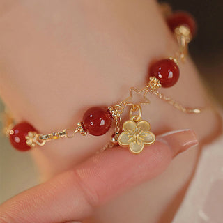 Buddha Gift 14k Gold Plated Red Agate Star Flower Charm Calm Bracelet