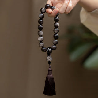 Buddha Gift Natural Silver Sheen Obsidian Black Obsidian Lion Wrist Mala Protection Tassels Pocket Mala Car Decoration