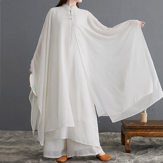 Buddha Gift 2Pcs Frog-Button Long Sleeve Midi Dress Wide Leg Pants Chiffon Zen Women's Set