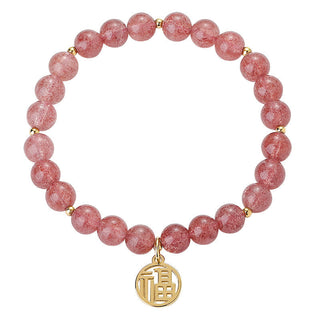 Buddha Gift 14K Gold Plated Strawberry Quartz Fu Character Healing Charm Bracelet