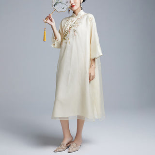 Buddha Gift 100% Mulberry Silk 6 Momme Dress Vintage Flower Butterfly Embroidery Qipao Dress Women's Cheongsam Dress