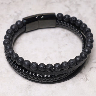 Buddha Gift Natural Lava Rock Black Onyx Bead Leather Bracelet
