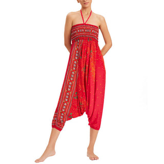 Buddha Gift Two Style Wear Peacock Feather Loose Smocked Harem Trousers Jumpsuit High Waist Pants