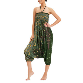 Buddha Gift Two Style Wear Peacock Feather Loose Smocked Harem Trousers Jumpsuit High Waist Pants