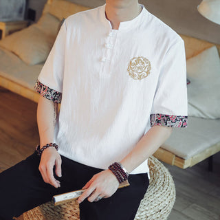 Buddha Gift Frog-Button Dragon Embroidery Chinese Tang Suit Short Sleeve Shirt Linen Men Clothing