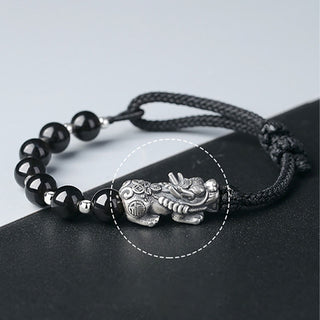 Buddha Gift 999 Sterling Silver FengShui PiXiu Natural Black Obsidian 925 Sterling Silver Bead Strength Bracelet