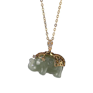 Buddha Gift 925 Sterling Silver Jade Elephant Blessing Fortune Necklace Chain Pendant