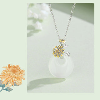 Buddha Gift 925 Sterling Silver Round Chalcedony Twelve Months Flower Harmony Necklace Pendant