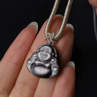 Buddha Gift Natural Silver Sheen Obsidian Laughing Buddha Protection Necklace Pendant