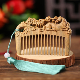 Buddha Gift Green Sandalwood Fox Peony Flower Lotus Engraved Cure Tassel Comb