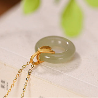 Buddha Gift 925 Sterling Silver Cyan Jade Peace Buckle Bamboo Leaf Harmony Necklace Pendant