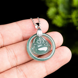 Buddha Gift 925 Sterling Silver Natural Jade Round Laughing Buddha Abundance Chain Necklace Pendant