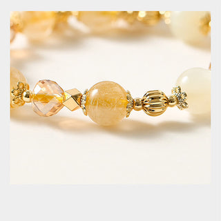 Buddha Gift 14K Gold Plated Golden Rutilated Quartz Wealth Bell Lucky Fortune Charm Bracelet