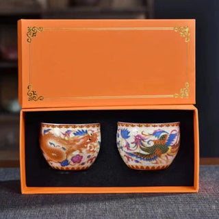 Buddha Gift 2Pcs Dragon Phoenix Ceramic Teacup Kung Fu Tea Cups