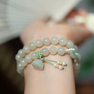 Buddha Gift 925 Sterling Silver Hetian Jade Double Peace Buckle Lotus Luck Double Wrap Bracelet