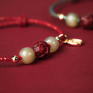 Buddha Gift 14K Gold Plated Hetian Jade Cinnabar Lotus Luck Handcrafted Rope Bracelet