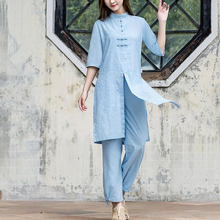 Buddha Gift 2Pcs Half Sleeve Shirt Top Pants Meditation Zen Tai Chi Linen Clothing Women's Set