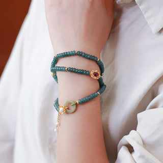 Buddha Gift 925 Sterling Silver Gold Plated Cyan Jade Flower Peace Buckle Success Triple Wrap Bracelet