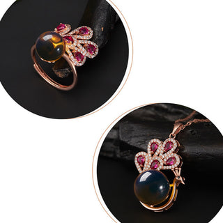 Buddha Gift Peacock Amber Fortune Love Necklace Pendant Ring