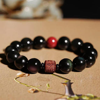 Buddha Gift Natural Gold Sheen Obsidian Rainbow Obsidian Om Mani Padme Hum Fu Character Healing Bracelet